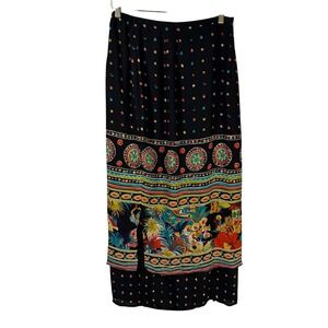 Vtg‎ Sharon Young Midi Skirt 90s Novelty Border Print Polka Dot Black Rayon 10